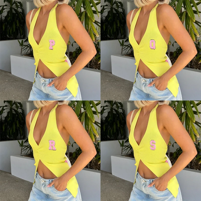 2025 Sleeveless Backless Deep V-neck Halter Top Women Summer Club Party Sexy 26 Letters Graphic Crop Tops Streetwear Y2K Clothes
2025 Sleeveless Backless Deep V-neck Halter Top Women Summer Club Party Sexy 26 Letters Graphic Crop Tops Streetwear Y2K Clothes