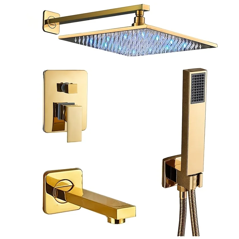 Modern Golden Shower Faucet Set with LED Rainfall Shower Head & Handheld Spray - Brushed Stainless Square Tub Spout Mixer Valve System, Complete Trim Kit Suitable for Bathroom, Wall-Mounted Bathing Fixture Combo,for Shower Use Only
Modern Golden Shower Faucet Set with LED Rainfall Shower Head & Handheld Spray - Brushed Stainless Square Tub Spout Mixer Valve System, Complete Trim Kit Suitable for Bathroom, Wall-Mounted Bathing Fixture Combo,for Shower Use Only