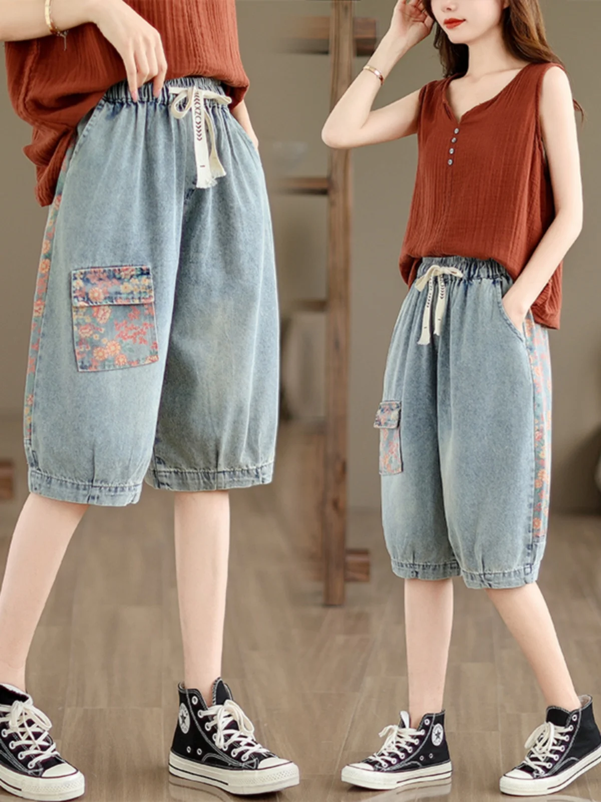 Retro Waed Elastic Waist Wide Leg Pants Loose Casual Print Splicing Five-Quarter Denim orts Slimming Effect Women's Jeans
Retro Waed Elastic Waist Wide Leg Pants Loose Casual Print Splicing Five-Quarter Denim orts Slimming Effect Women's Jeans
