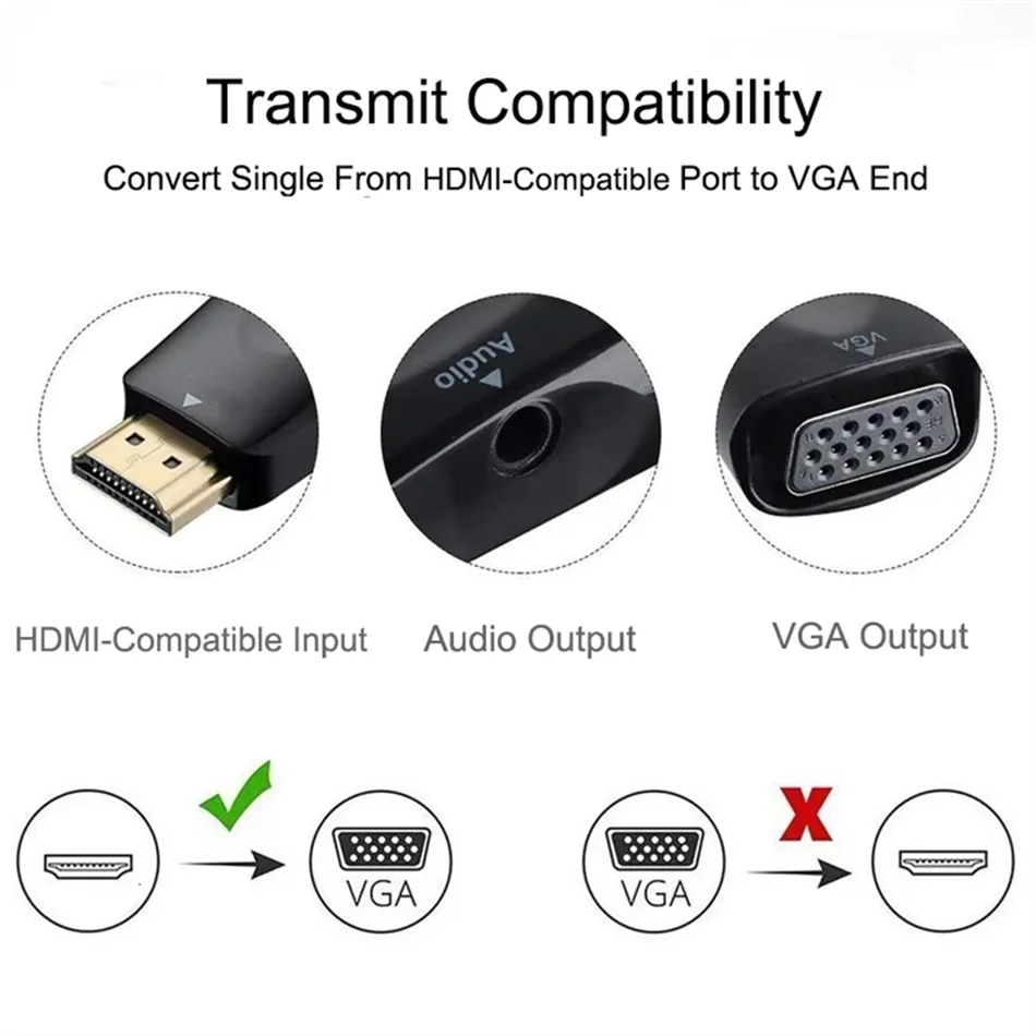 1080P HD HDMI-compatible to VGA Cable Converter Male to Female Transmission Adapte 3.5 mm Audio Interface for PC Laptop
1080P HD HDMI-compatible to VGA Cable Converter Male to Female Transmission Adapte 3.5 mm Audio Interface for PC Laptop