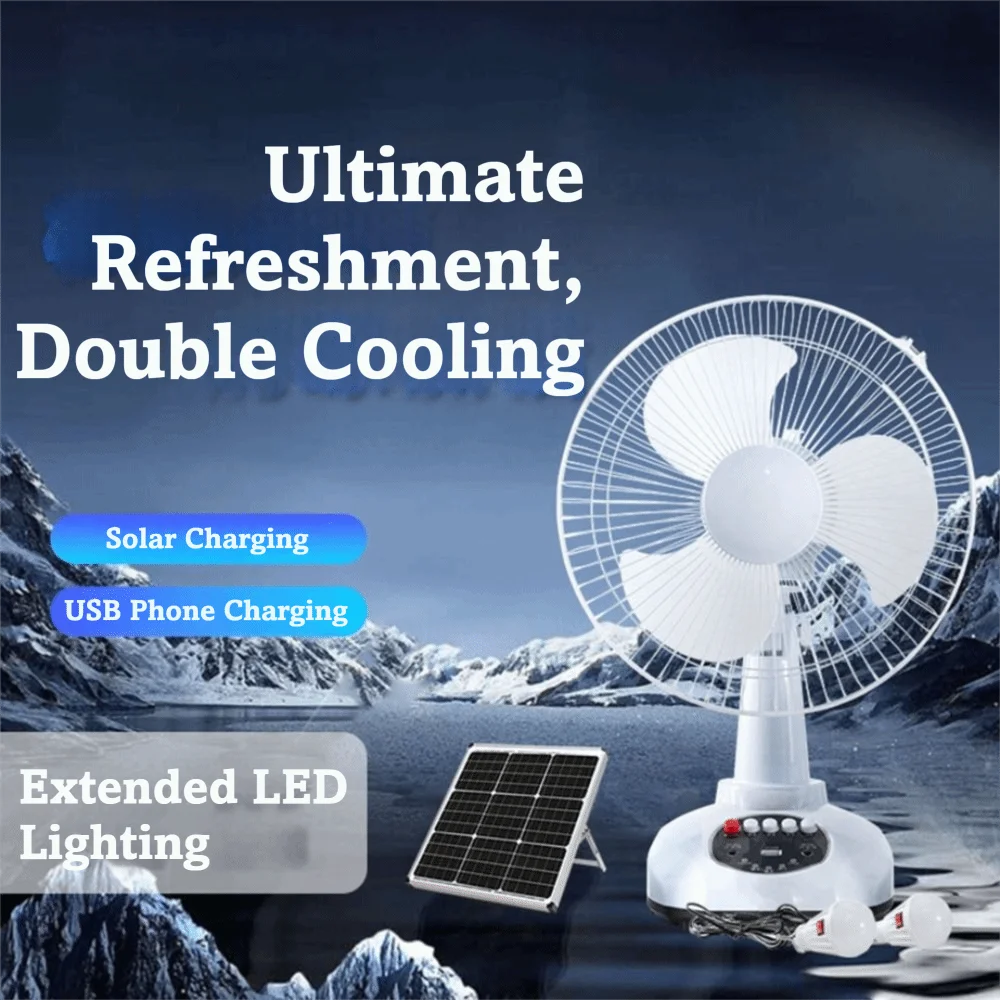 Desk Fan 12 Inch Solar Fan Energy Saving LED Light Oscillating Fan Solar Panel Lighting Function Emergency Fan Desk Use
