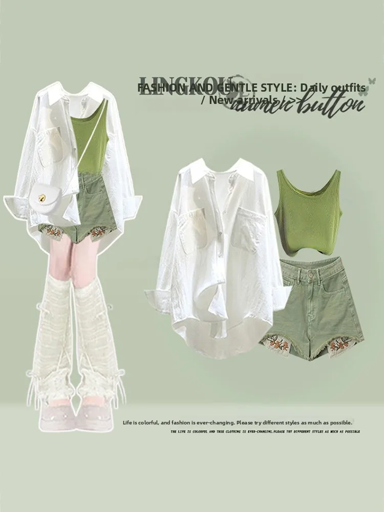 Summer Hot Girl Korean Style Sun Protection Shirt Slim Vest Design Denim Shorts Three Piece Set Casual Fashion Women's Ensemble
Summer Hot Girl Korean Style Sun Protection Shirt Slim Vest Design Denim Shorts Three Piece Set Casual Fashion Women's Ensemble