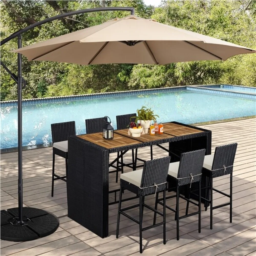 7-Piece Outdoor Rattan Patio Bar Set with Wood Tabletop & Cushions, Black/Beige
7-Piece Outdoor Rattan Patio Bar Set with Wood Tabletop & Cushions, Black/Beige