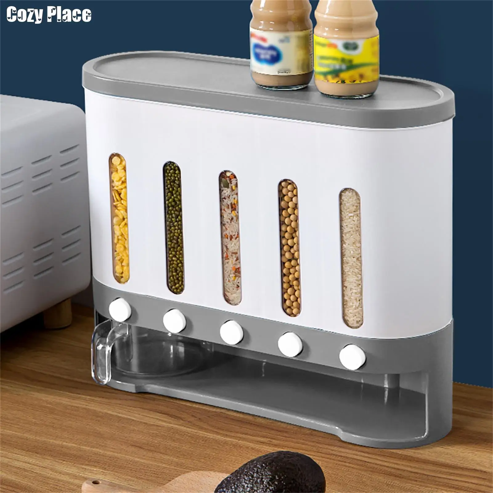 Wall Mounted Cereal Dispenser 5-Grid Dry Food Dispenser 10L Rice Grain Dry Food Container Storage For Kitchen Home
Wall Mounted Cereal Dispenser 5-Grid Dry Food Dispenser 10L Rice Grain Dry Food Container Storage For Kitchen Home