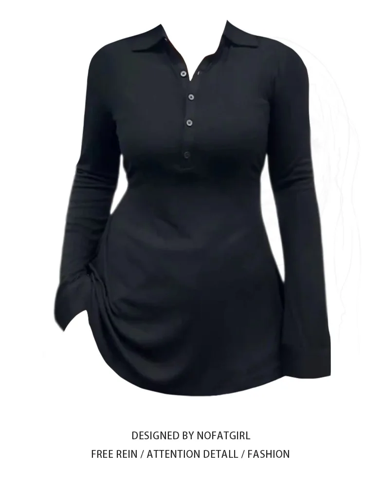 plus Size Women's Bla Long Sve T-irt Mid-Length Waist-Cinching Design Sensation f-Unbuttoned Collar Autumn New Sle
plus Size Women's Bla Long Sve T-irt Mid-Length Waist-Cinching Design Sensation f-Unbuttoned Collar Autumn New Sle