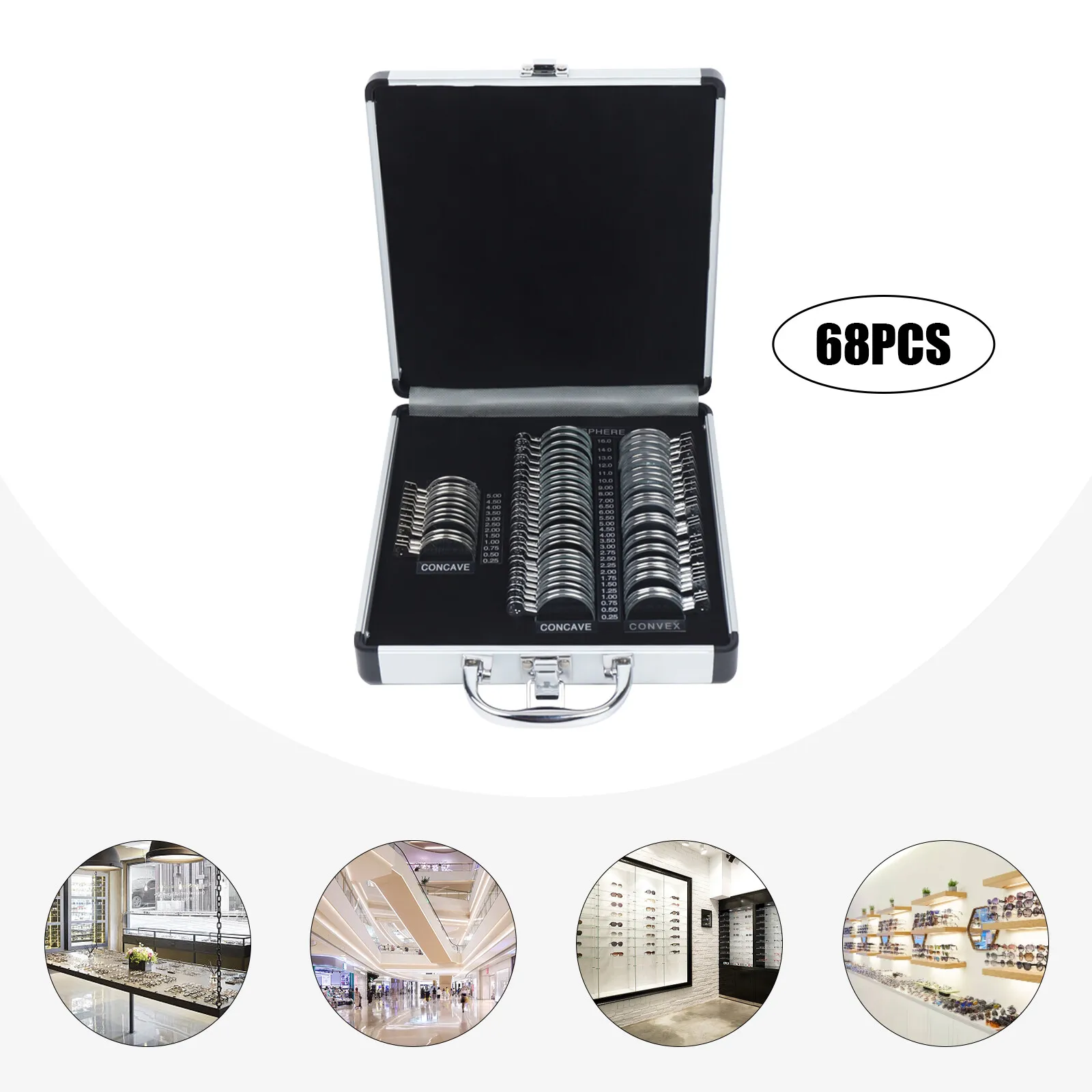 68 x Optical Trial Lens Set Silver Rim Ophthalmic Trial Lens Frame Aluminium Box