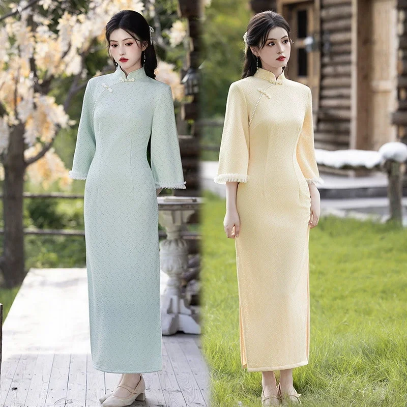 Улучшенное платье Cheongsam 2025 года, новинка весны и осени, желтое элегантное платье Ципао с длинными рукавами, новинка осени 2025 года, традиционное китайское повседневное платье Cheo
Улучшенное платье Cheongsam 2025 года, новинка весны и осени, желтое элегантное платье Ципао с длинными рукавами, новинка осени 2025 года, традиционное китайское повседневное платье Cheo