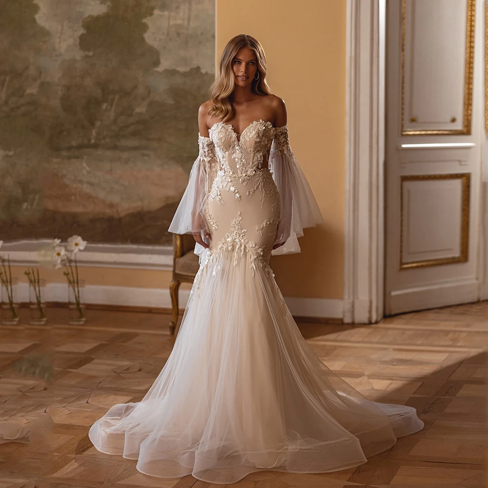 Mermaid Luxury Wedding Gowns Illusion Back Flowers Sequined Strapless Applique Bride Gowns Boho vestido de novia Customized
Mermaid Luxury Wedding Gowns Illusion Back Flowers Sequined Strapless Applique Bride Gowns Boho vestido de novia Customized