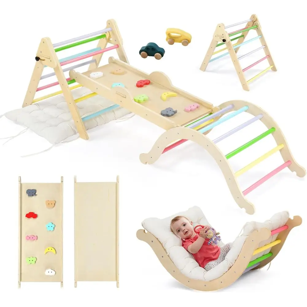 9-in-1 Pikler Triangle Set with Cushion (Large), Montessori Wooden Climbing Set for Toddlers with Colorful-Patterns Rocks
9-in-1 Pikler Triangle Set with Cushion (Large), Montessori Wooden Climbing Set for Toddlers with Colorful-Patterns Rocks