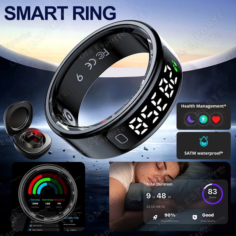 Умное кольцо с экраном дисплея и сенсорным менеджером здоровья, беспроводная зарядка, 5 АТМ, водонепроницаемые кольца для фитнеса с шагомером для мужчин и женщин
Умное кольцо с экраном дисплея и сенсорным менеджером здоровья, беспроводная зарядка, 5 АТМ, водонепроницаемые кольца для фитнеса с шагомером для мужчин и женщин