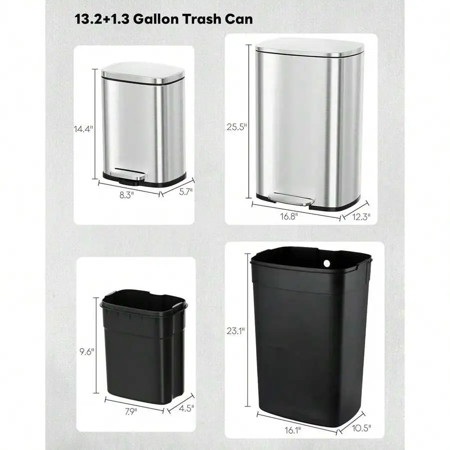 Stainless Steel Pedal Trash Can With Removable Inner Bin Soft Close Lid For Kitchen Bathroom Office
Stainless Steel Pedal Trash Can With Removable Inner Bin Soft Close Lid For Kitchen Bathroom Office