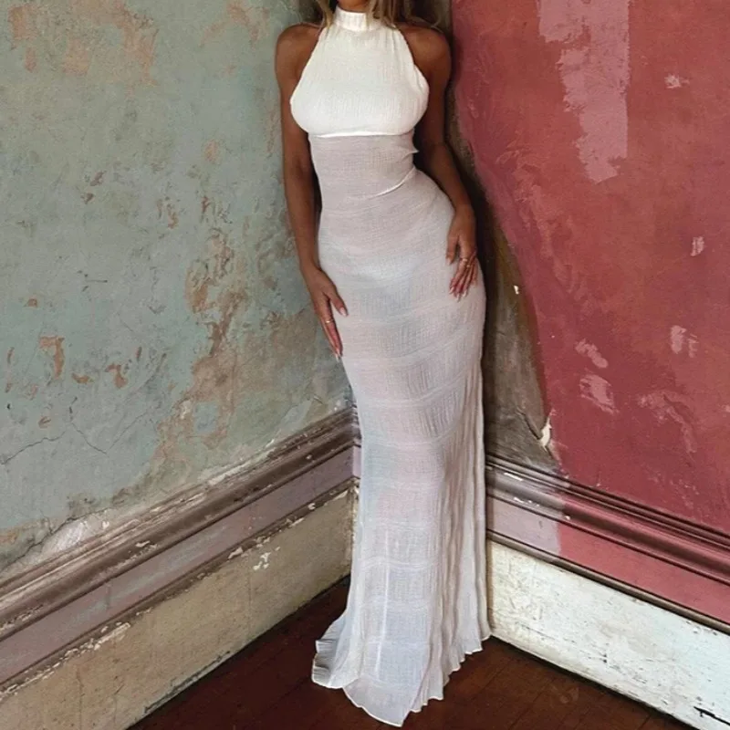 Women See Through Backless Pleated Maxi Dress Button Halter Turtleneck Sleeveless Nightclub Birthday Party Long Robe Clubwear
Women See Through Backless Pleated Maxi Dress Button Halter Turtleneck Sleeveless Nightclub Birthday Party Long Robe Clubwear