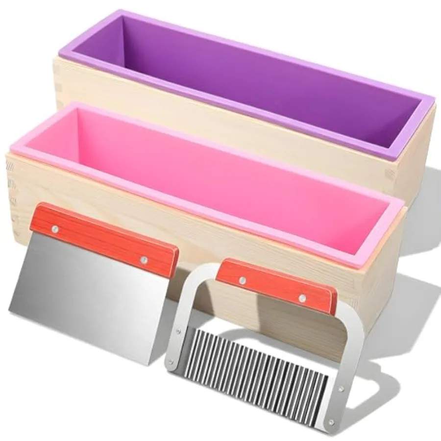 2 Pcs Rectangular Loaf Soap Molds Kit with Wooden Box, 42oz Flexible Silicone Mold, Stainless Steel Wavy and Straight Slicer Cu
2 Pcs Rectangular Loaf Soap Molds Kit with Wooden Box, 42oz Flexible Silicone Mold, Stainless Steel Wavy and Straight Slicer Cu