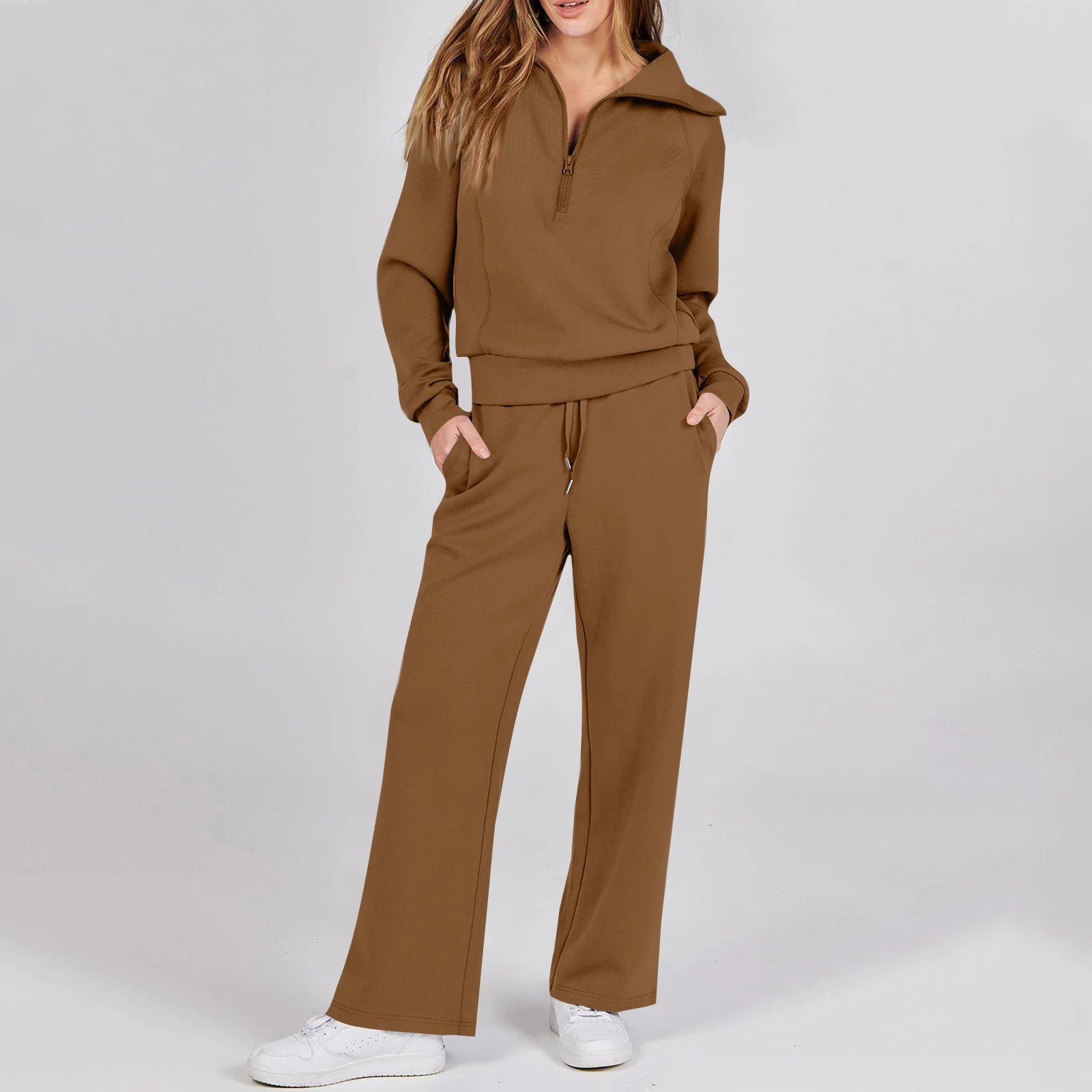 Solid Two-piece set Women Fashion Long Sleeve Zipper Sweater Pullover Tie up Pocket Wide Leg Pant Suit Loose Casual Sport Sets
Solid Two-piece set Women Fashion Long Sleeve Zipper Sweater Pullover Tie up Pocket Wide Leg Pant Suit Loose Casual Sport Sets