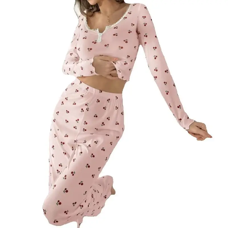 SURI Lace Trim Women Pajama Set Sleeve Front Button Top & Full-Length Pants Cherry Print 2 Pieces Sleepwear Nightwear Homewear
SURI Lace Trim Women Pajama Set Sleeve Front Button Top & Full-Length Pants Cherry Print 2 Pieces Sleepwear Nightwear Homewear