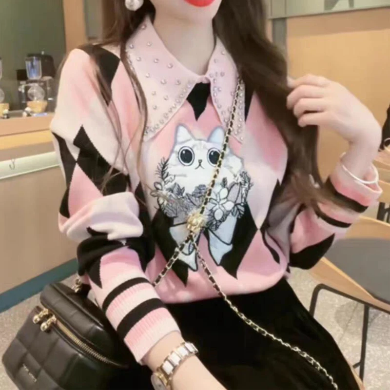 Женский стильный винтажный забавный милый вязаный свитер со стразами и рисунком Argyle, милый шикарный тонкий пуловер с воротником-поло и длинными рукавами, топы
Женский стильный винтажный забавный милый вязаный свитер со стразами и рисунком Argyle, милый шикарный тонкий пуловер с воротником-поло и длинными рукавами, топы