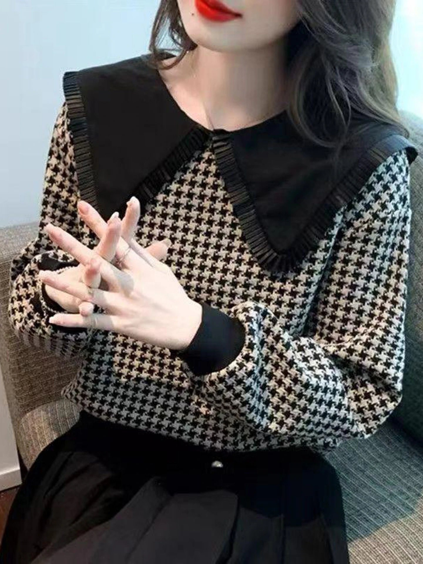 Slimming Plaid Doll Collar Long Sve T-irt Women's Faionable Spring Autumn New Sle Korean Version Printed Splice Loos...
Slimming Plaid Doll Collar Long Sve T-irt Women's Faionable Spring Autumn New Sle Korean Version Printed Splice Loos...