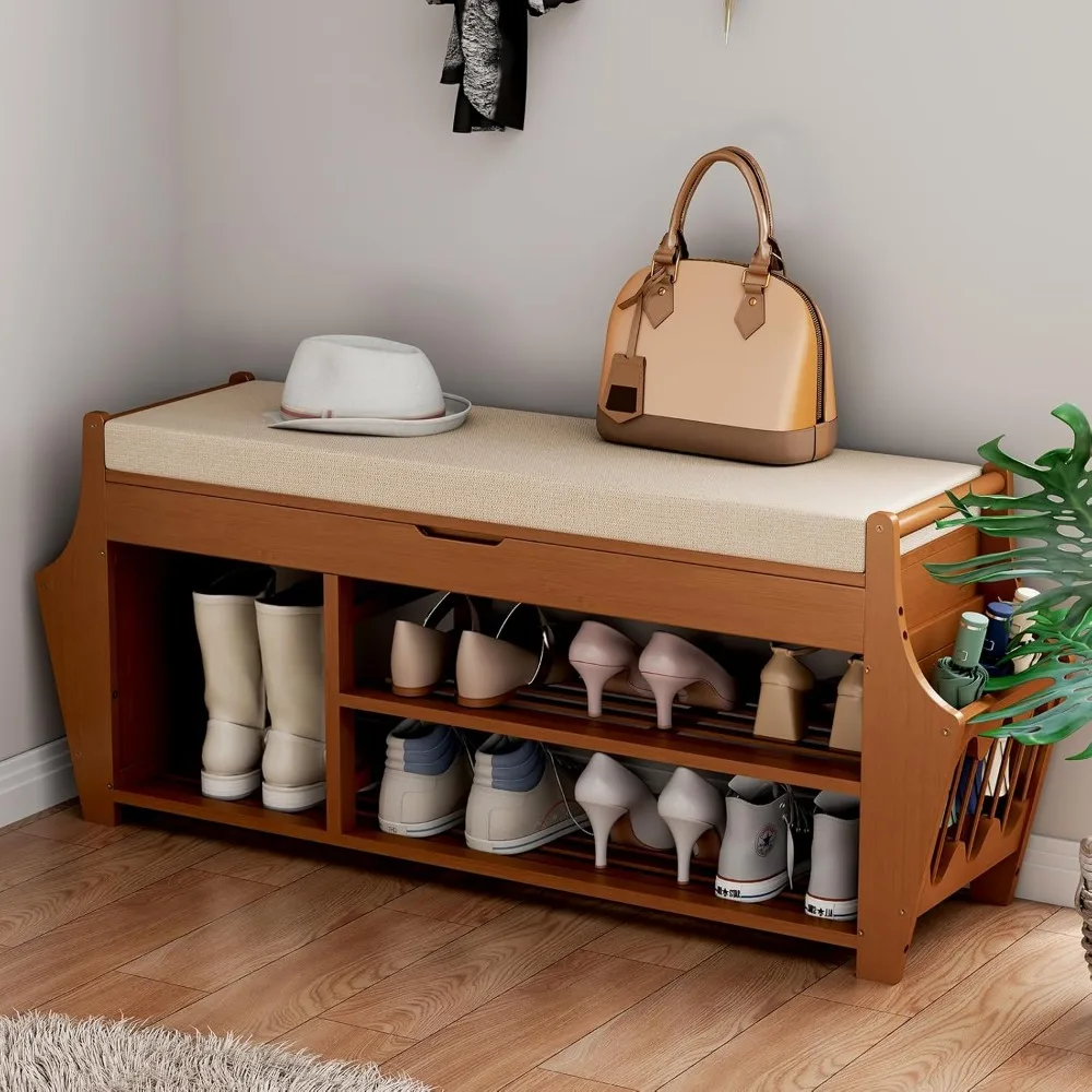39.4in Shoe Bench with 2 Side Holder, 3 Tier Bamboo Entryway Bench with Storage, Shoe Rack Bench Organizer with Cushion for Entr
39.4in Shoe Bench with 2 Side Holder, 3 Tier Bamboo Entryway Bench with Storage, Shoe Rack Bench Organizer with Cushion for Entr