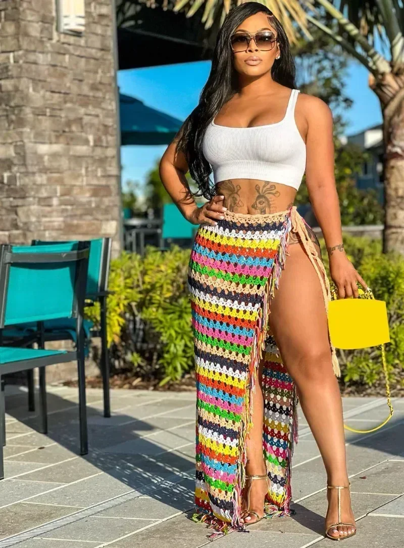 GUWU Rainbow Stripe Knit Ribbed Bowknot Waist High Side Slit Tassel Hem Maxi Long Straight Skirt Women Beach Holiday Skirts
GUWU Rainbow Stripe Knit Ribbed Bowknot Waist High Side Slit Tassel Hem Maxi Long Straight Skirt Women Beach Holiday Skirts