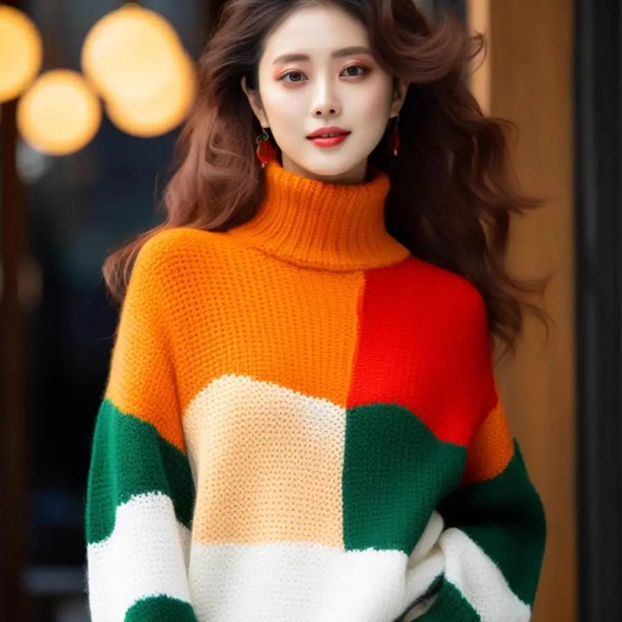 New Fashion Contrast Color Patchwork Turtleneck Knitted Sweater Women Trendy Loose Jumper Tops Pullovers
New Fashion Contrast Color Patchwork Turtleneck Knitted Sweater Women Trendy Loose Jumper Tops Pullovers