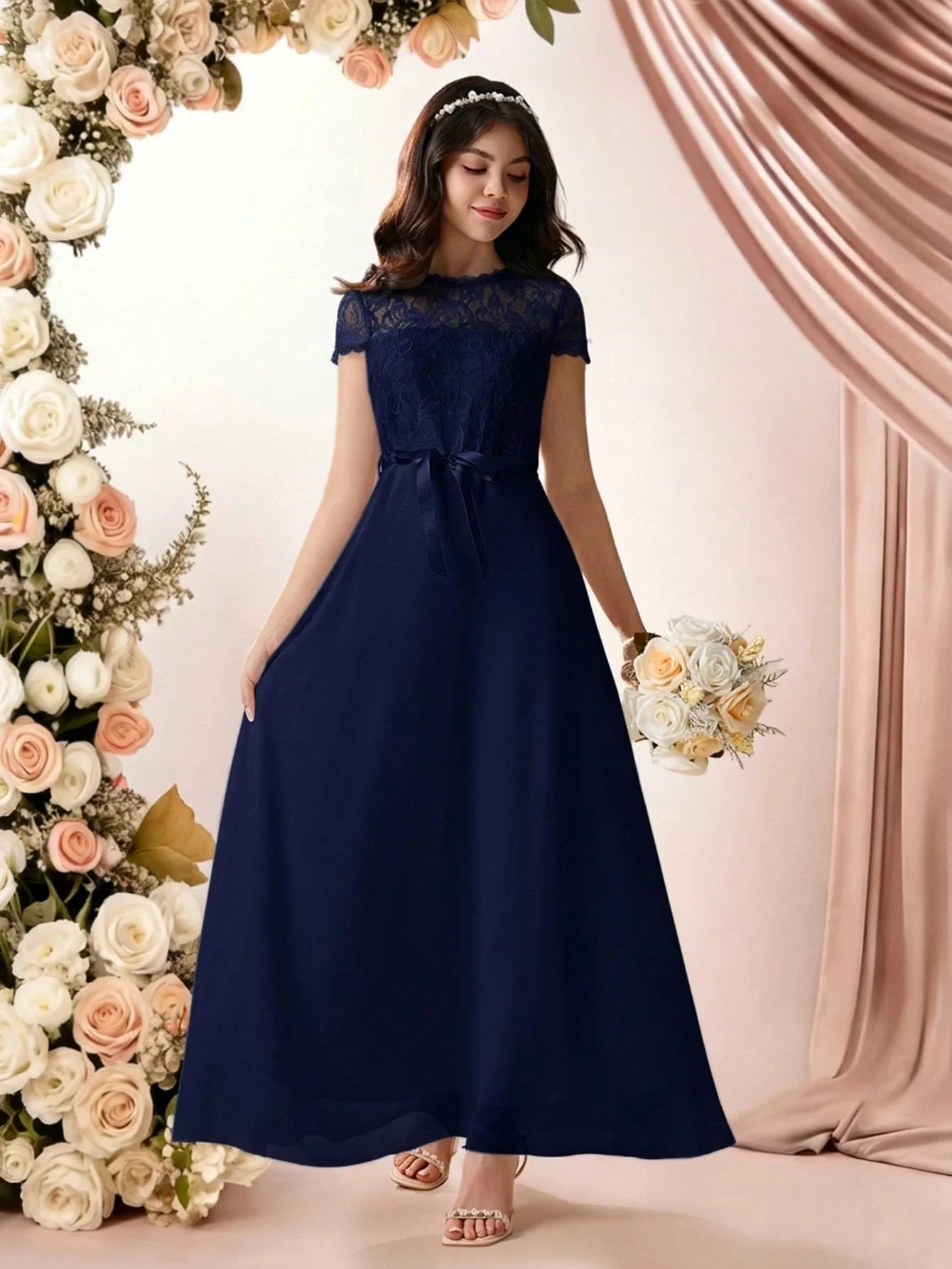 Navy Blue Lace A-Line Maxi Dress With Bow Waist For Women Formal Party Evening Gown
Navy Blue Lace A-Line Maxi Dress With Bow Waist For Women Formal Party Evening Gown
