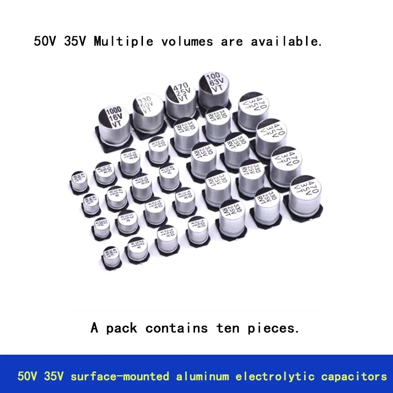 10PCS Surface-mounted 50Vand35V aluminum electrolytic capacitors, with capacitances of 1μF, 2.2μF, 3.3 4.7 10 22 33 47 100 330UF
10PCS Surface-mounted 50Vand35V aluminum electrolytic capacitors, with capacitances of 1μF, 2.2μF, 3.3 4.7 10 22 33 47 100 330UF