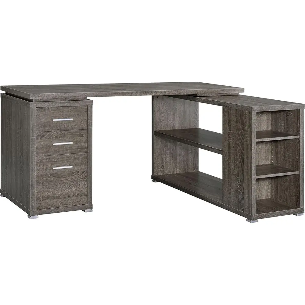 L-Shaped Wooden Computer Desk with Open Shelves - Weathered Grey Finish
L-Shaped Wooden Computer Desk with Open Shelves - Weathered Grey Finish