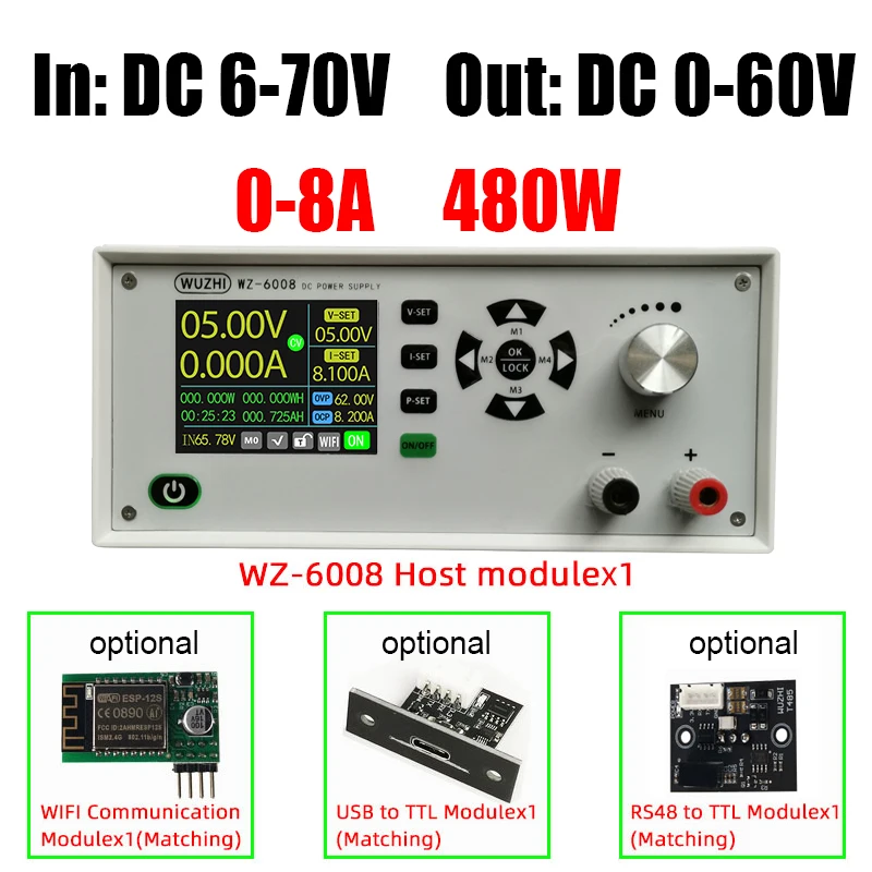 WZ6008 380W DC Buck Power Supply In:6-70V Out:0-60V 8A CNC Step-Down Regulated Laboratory Converter Host Module WIFI 485 USB
WZ6008 380W DC Buck Power Supply In:6-70V Out:0-60V 8A CNC Step-Down Regulated Laboratory Converter Host Module WIFI 485 USB
