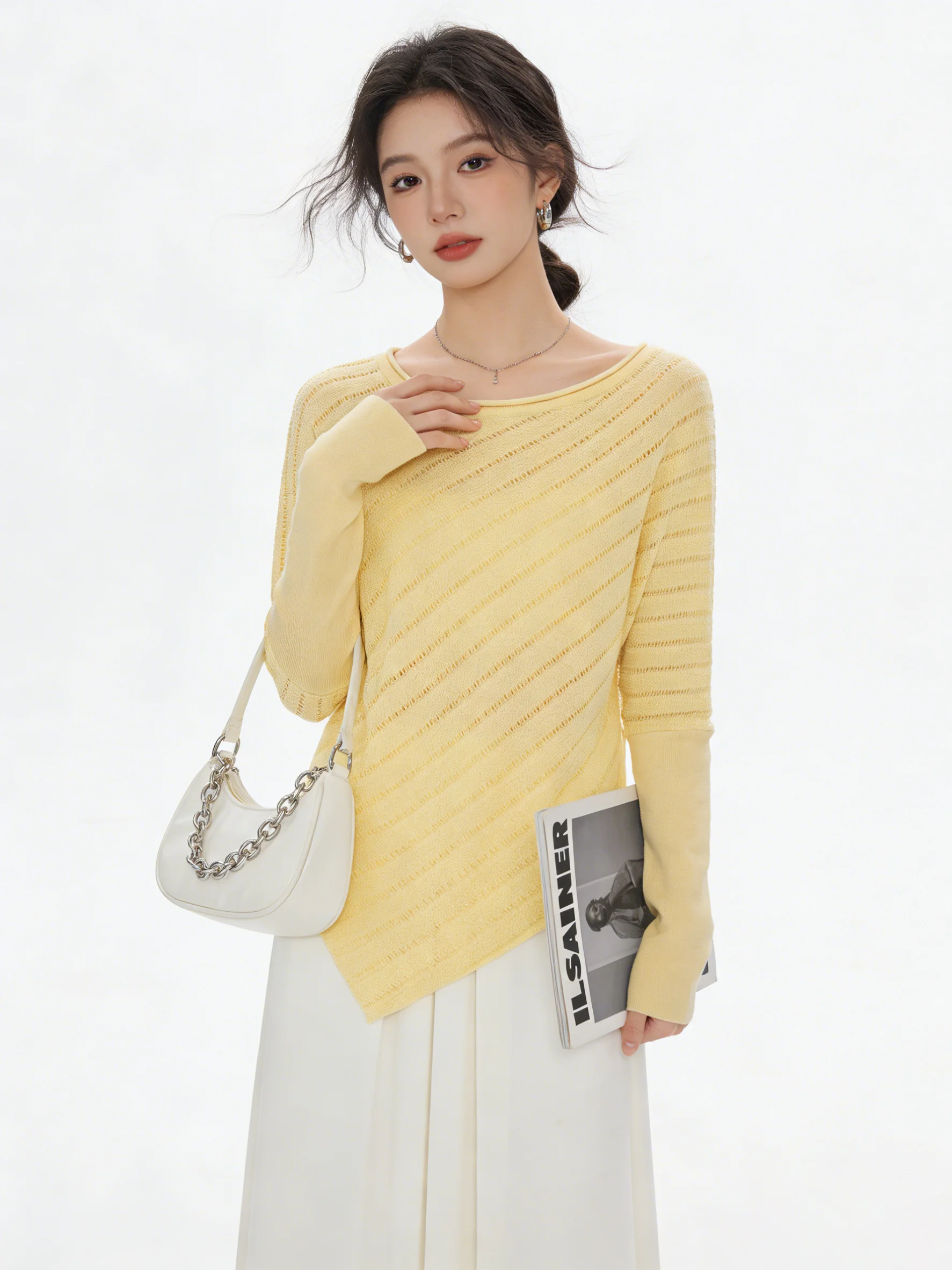 Модный светло-желтый корейский вязаный свитер с асимметричным подолом и рукавами «летучая мышь» для женщин, универсальный топ, стройнящий фигуру
Модный светло-желтый корейский вязаный свитер с асимметричным подолом и рукавами «летучая мышь» для женщин, универсальный топ, стройнящий фигуру