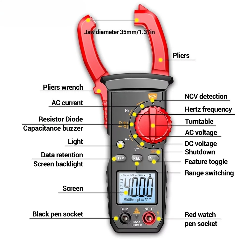 ST181 Digital Clamp Meter 4000 Counts Multimeter DC/AC Current Voltage NCV Capacitance Hz Ohm Car Amp
ST181 Digital Clamp Meter 4000 Counts Multimeter DC/AC Current Voltage NCV Capacitance Hz Ohm Car Amp