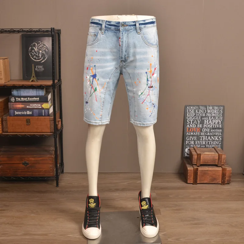 Summer light blue ripped denim shorts for men's fashion, paint printed elastic slim fit high-end street casual shorts
Summer light blue ripped denim shorts for men's fashion, paint printed elastic slim fit high-end street casual shorts
