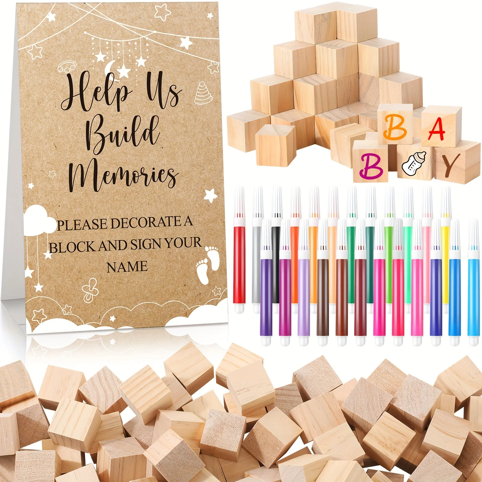 125pcs Shower Decorate A Block Game Set Includes Help Us Build Memories Sign 100 DIY Blank Wooden Block 24 Paint Marker Prize for Wedding Shower Game (Cloud) Halloween Christmas, Holiday Celebration, DIY Craft Project, Festive Decoration, Creative
125pcs Shower Decorate A Block Game Set Includes Help Us Build Memories Sign 100 DIY Blank Wooden Block 24 Paint Marker Prize for Wedding Shower Game (Cloud) Halloween Christmas, Holiday Celebration, DIY Craft Project, Festive Decoration, Creative