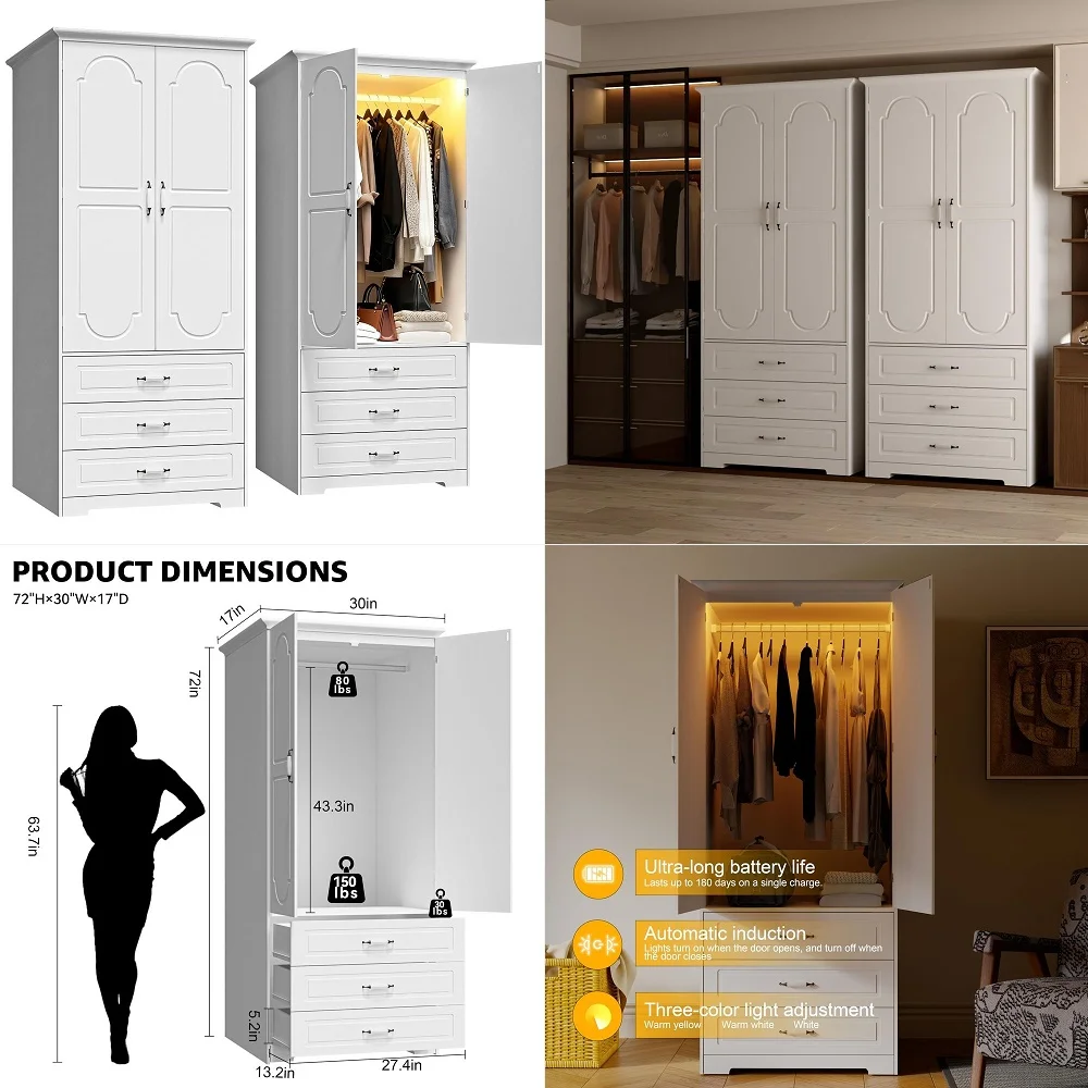 Armoire Wardrobe Closet with 3 Drawers and LED Light 72 Wooden Bedroom Armoire with 2 Doors and Retro Ceramic Door Handles Mode
Armoire Wardrobe Closet with 3 Drawers and LED Light 72 Wooden Bedroom Armoire with 2 Doors and Retro Ceramic Door Handles Mode