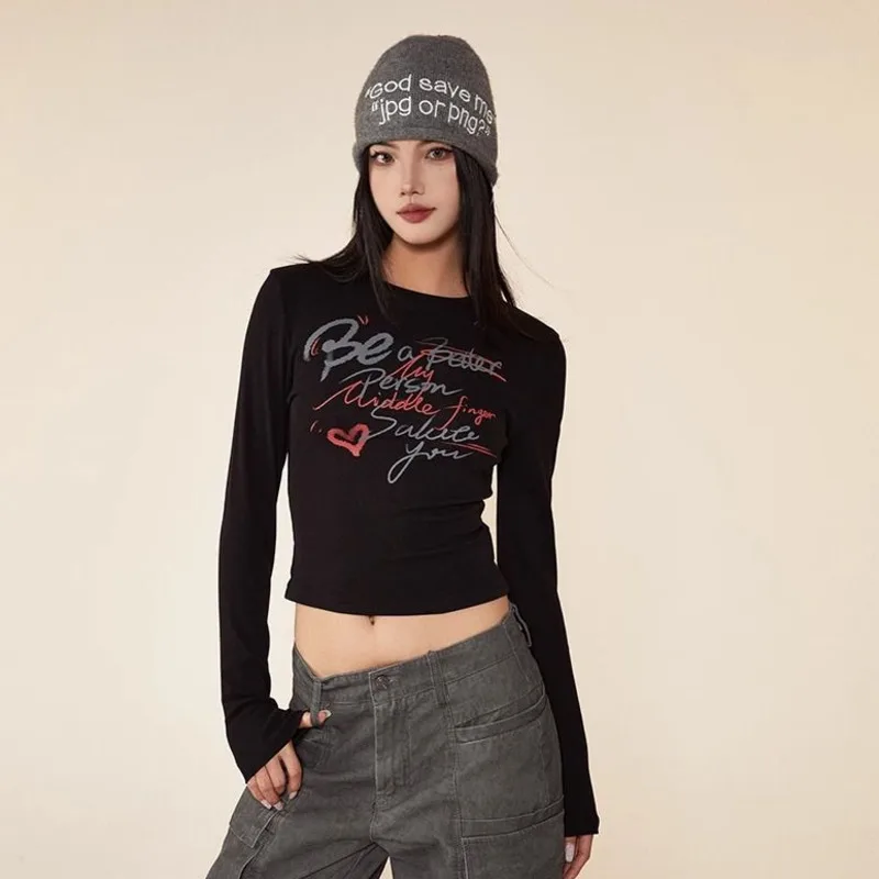 American Y2k Long Sleeve T-shirt For Women Spring Autumn Slim Fashion Letter Print Black Tops Streetwear Woman Trendy Clothes
American Y2k Long Sleeve T-shirt For Women Spring Autumn Slim Fashion Letter Print Black Tops Streetwear Woman Trendy Clothes