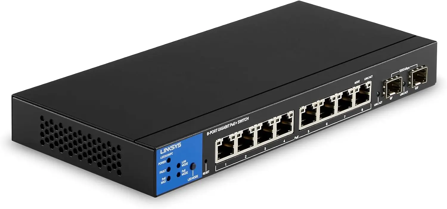 8 Port Gigabit PoE+ Switch 110W with 2 SFP Slots - VLAN, QoS, Static Routing, IGMP, Metal Case, Desktop/Wall Mount
8 Port Gigabit PoE+ Switch 110W with 2 SFP Slots - VLAN, QoS, Static Routing, IGMP, Metal Case, Desktop/Wall Mount