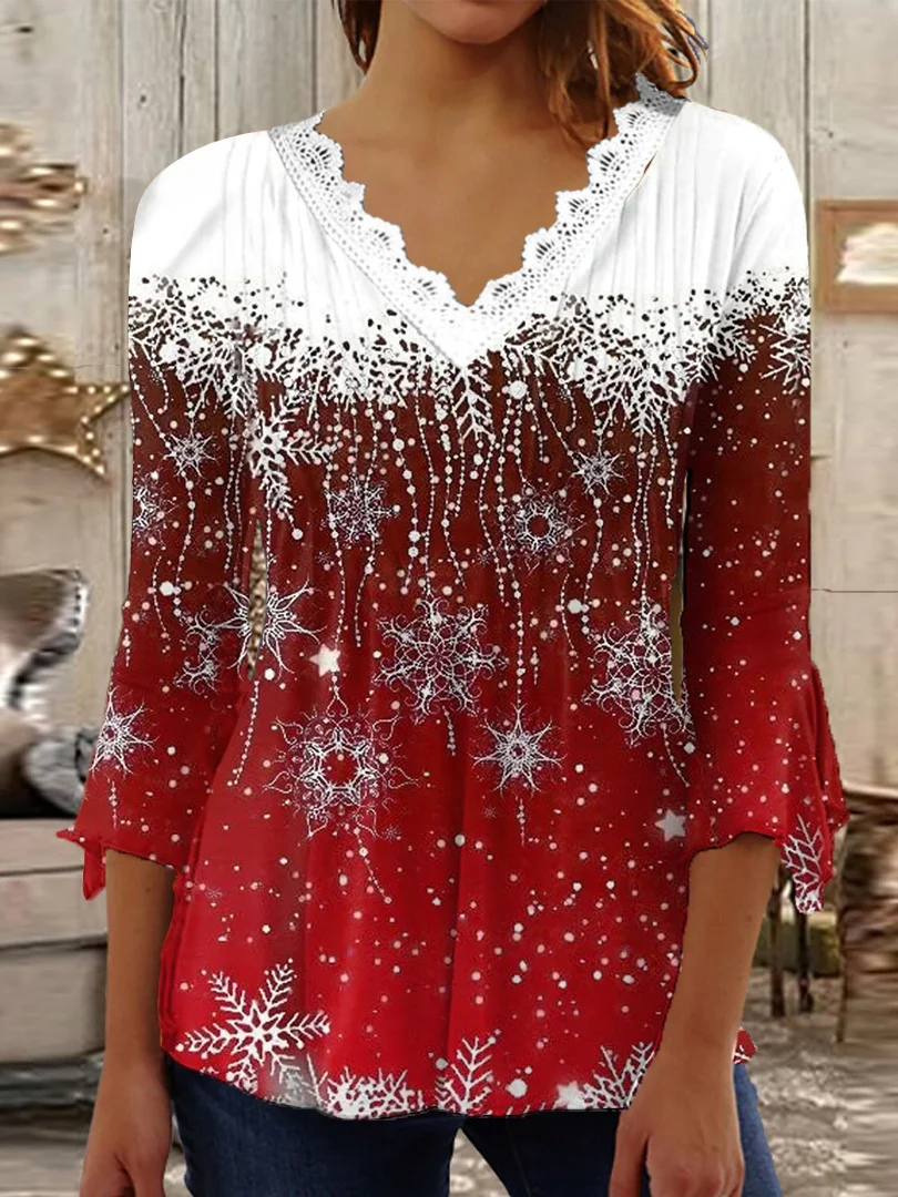 Plus Size Women 3/4 Sleeve V-neck Snowflake Printed Lace Christmas Tops
Plus Size Women 3/4 Sleeve V-neck Snowflake Printed Lace Christmas Tops