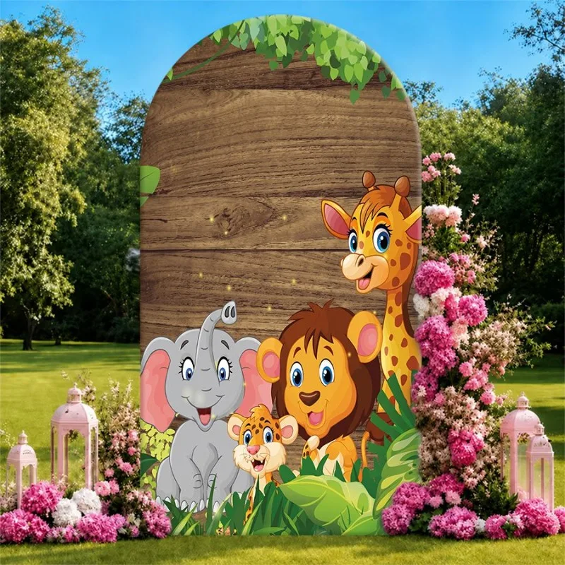 Single Side Arch Backdrop Cover Jungle Adventure Theme Backdrop for Parties Featuring Cartoon Elephant Lion Giraffe and Monkey
Single Side Arch Backdrop Cover Jungle Adventure Theme Backdrop for Parties Featuring Cartoon Elephant Lion Giraffe and Monkey