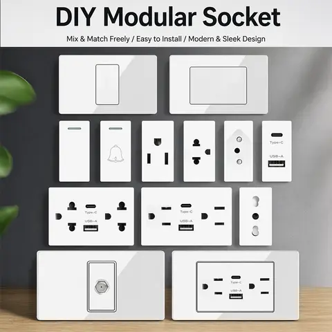 Tempered Glass DIY Modular Wall Plate 2x4 Inch NEMA 5-15R Outlet US EU Italy Chile Multi Standard Combination Socket Modules