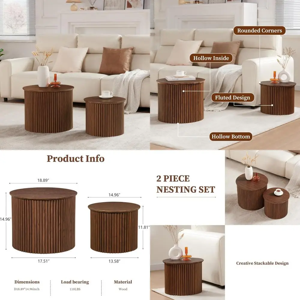 Mid Century Modern Fluted Small Nesting Coffee Tables Set, 2-Piece Circular Wood Side Tables
Mid Century Modern Fluted Small Nesting Coffee Tables Set, 2-Piece Circular Wood Side Tables