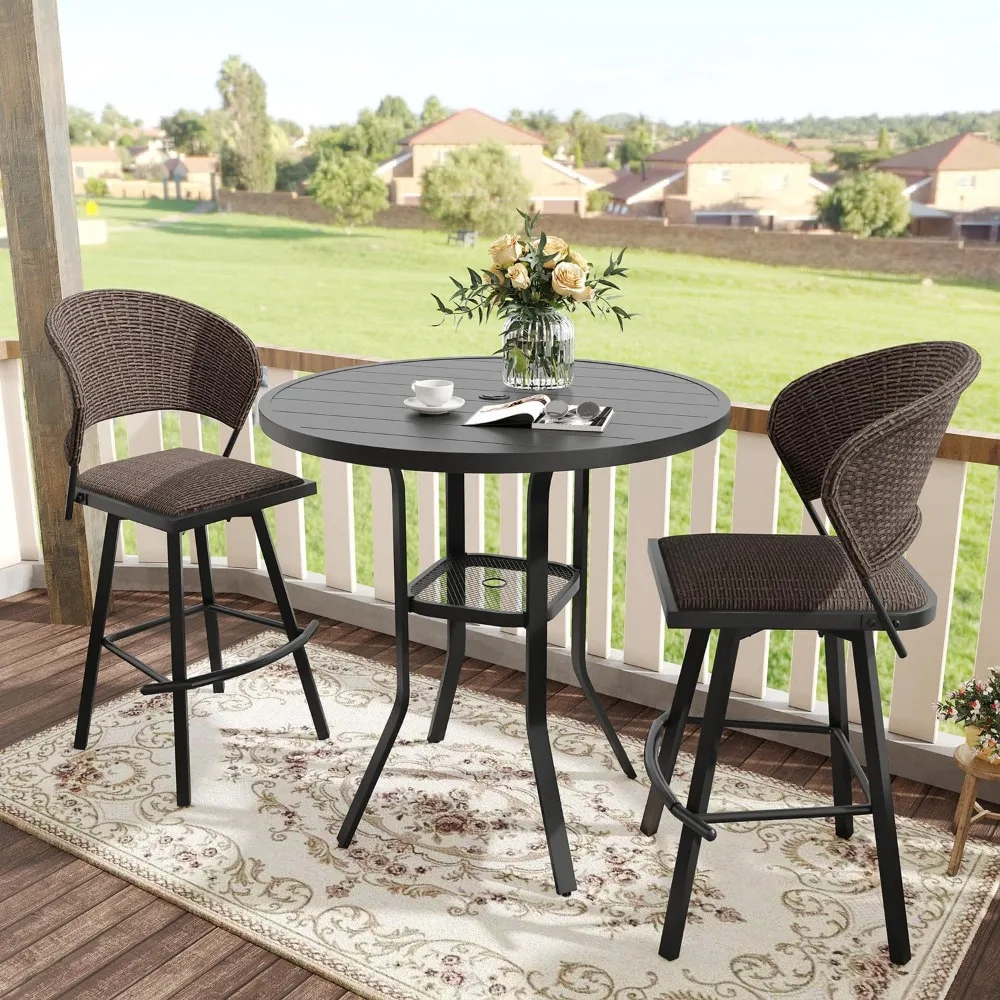 3 Pieces Patio Bar Set for Lawn Garden, 35.5" Bar Height Metal Round Table and 2 Wicker Outdoor Swivel Outdoor Bar Stools, Black
3 Pieces Patio Bar Set for Lawn Garden, 35.5" Bar Height Metal Round Table and 2 Wicker Outdoor Swivel Outdoor Bar Stools, Black