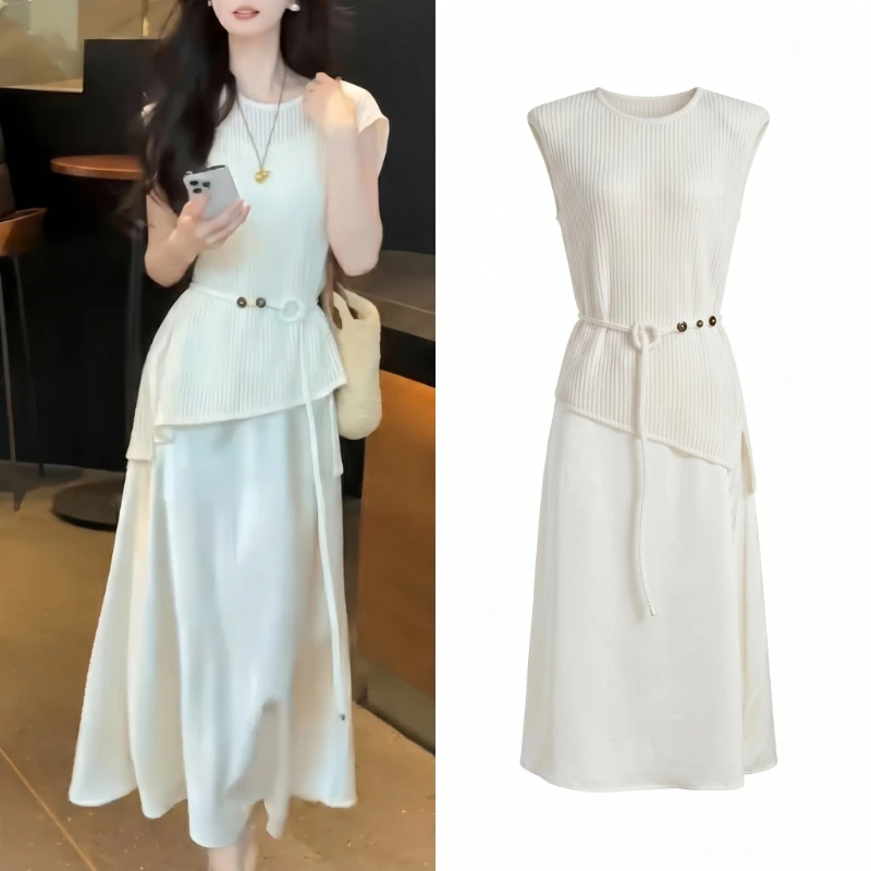 French Mature Style White Sleeveless Dress Women Set Summer Tie Elegant Hollow Out Shawl Top Plus Chic Cami Dress Woman Suit
French Mature Style White Sleeveless Dress Women Set Summer Tie Elegant Hollow Out Shawl Top Plus Chic Cami Dress Woman Suit