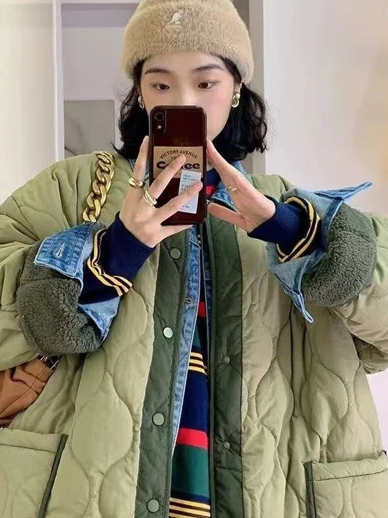 Retro Korean Style round Neck Spliced Color Thickened Fleece Lamb Fur Middle Length Cotton Jacket Women's Bread Coat
Retro Korean Style round Neck Spliced Color Thickened Fleece Lamb Fur Middle Length Cotton Jacket Women's Bread Coat