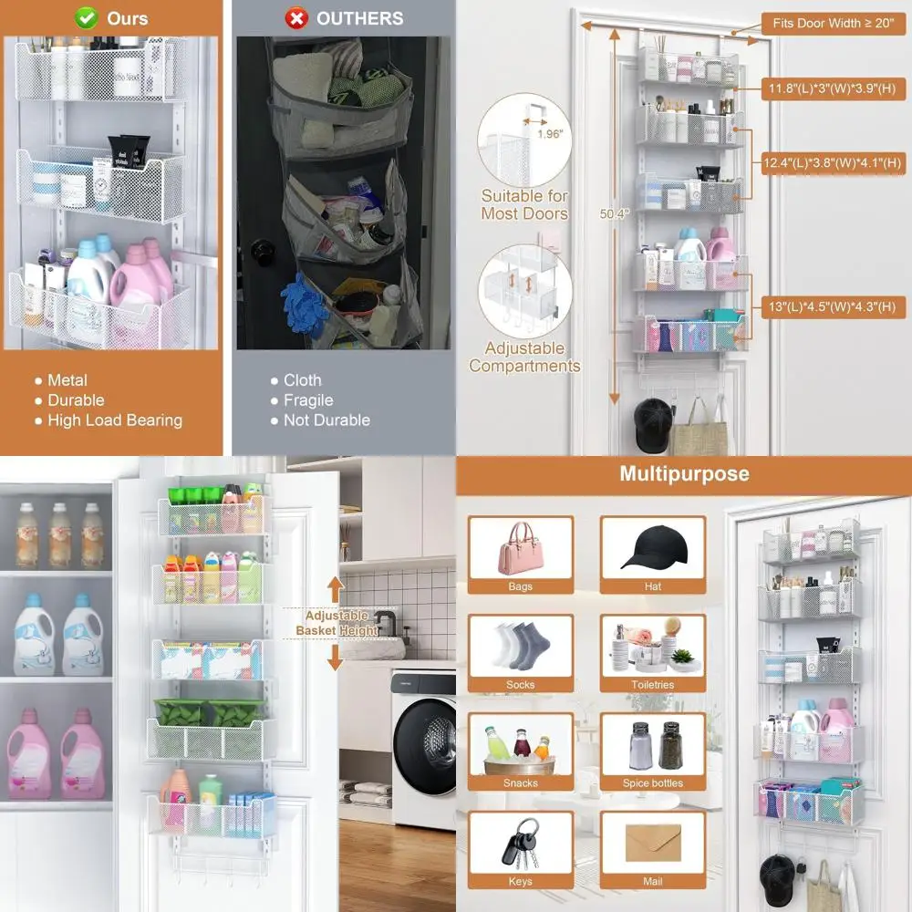 Over The Door Organizer, Metal Door Organizer Hanging with 5 Adjustable Baskets and Coat Hook, Behind The Door Storage or Bedroo
Over The Door Organizer, Metal Door Organizer Hanging with 5 Adjustable Baskets and Coat Hook, Behind The Door Storage or Bedroo