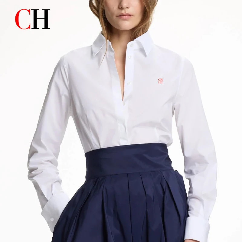CH Letter Embroidered Solid Color Long Sleeve Shirt Women Point Collar Regular Fit Professional Office Style Tops
CH Letter Embroidered Solid Color Long Sleeve Shirt Women Point Collar Regular Fit Professional Office Style Tops