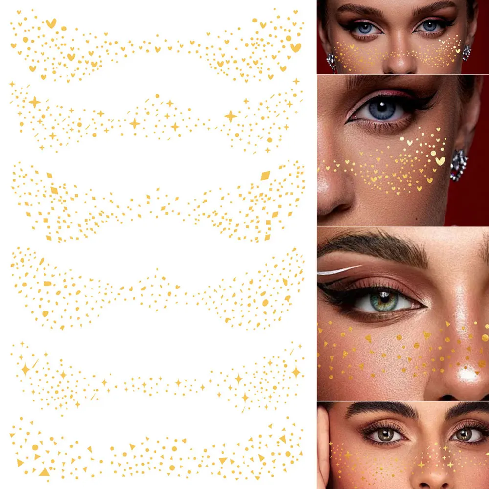 6 шт., временные татуировки с веснушками, золотые блестящие наклейки для макияжа лица, красоты лица, драгоценности, татуировки для женщин, невесты
6 шт., временные татуировки с веснушками, золотые блестящие наклейки для макияжа лица, красоты лица, драгоценности, татуировки для женщин, невесты