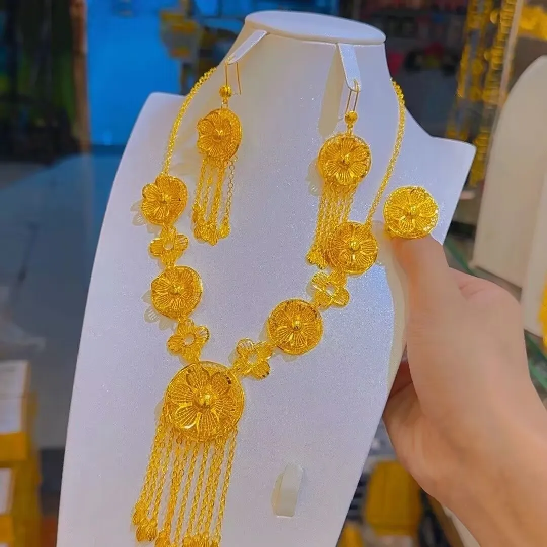 Dubai New 24K Gold Plated Necklace, Earrings, Rings for Women's High End Wedding Gifts, Party Mother Jewelry Set YY10545
Dubai New 24K Gold Plated Necklace, Earrings, Rings for Women's High End Wedding Gifts, Party Mother Jewelry Set YY10545
