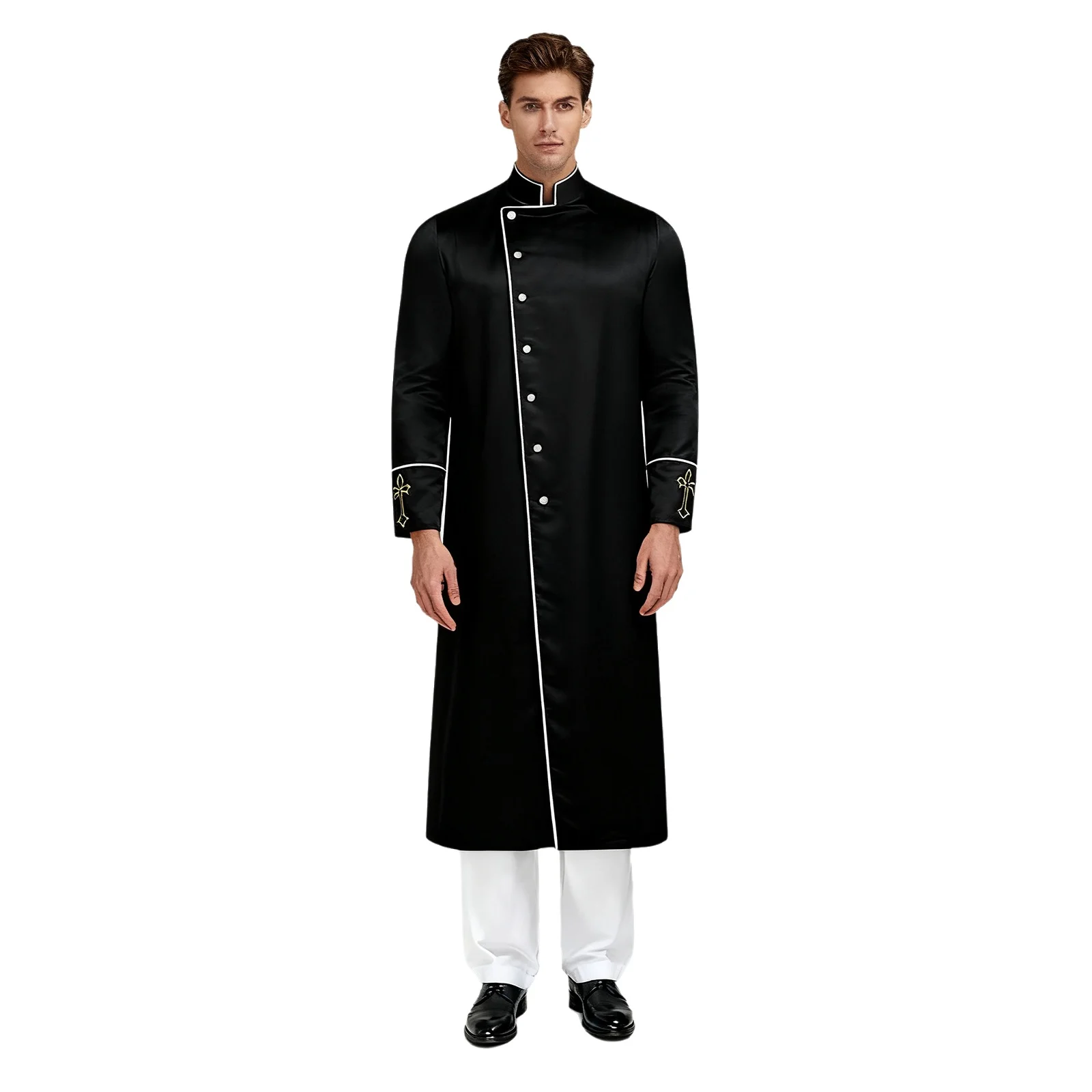 Men Church Festival Priest Clergy Black Long Robe with Cross Embroidery Churchman Liturgical Preacher Performance Jackets Coats
Men Church Festival Priest Clergy Black Long Robe with Cross Embroidery Churchman Liturgical Preacher Performance Jackets Coats