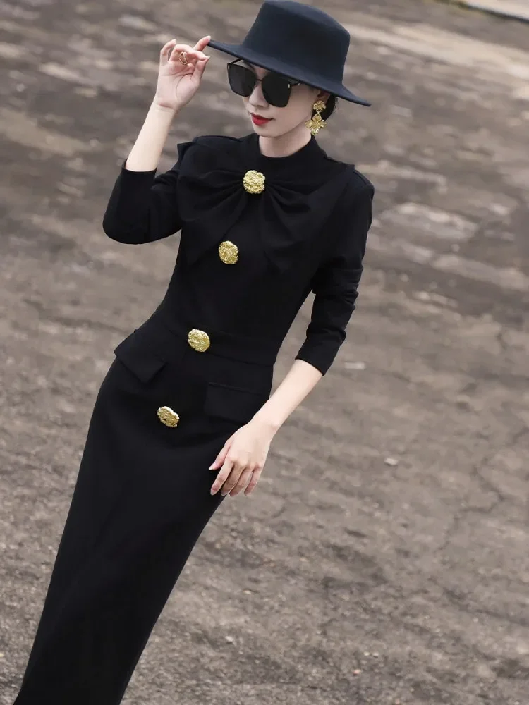 Women Dress Elegant Bow Metal Button Slim Waist Wrapped Split Long Dresses Temperament Long Sleeve Evening Party Robe
Women Dress Elegant Bow Metal Button Slim Waist Wrapped Split Long Dresses Temperament Long Sleeve Evening Party Robe