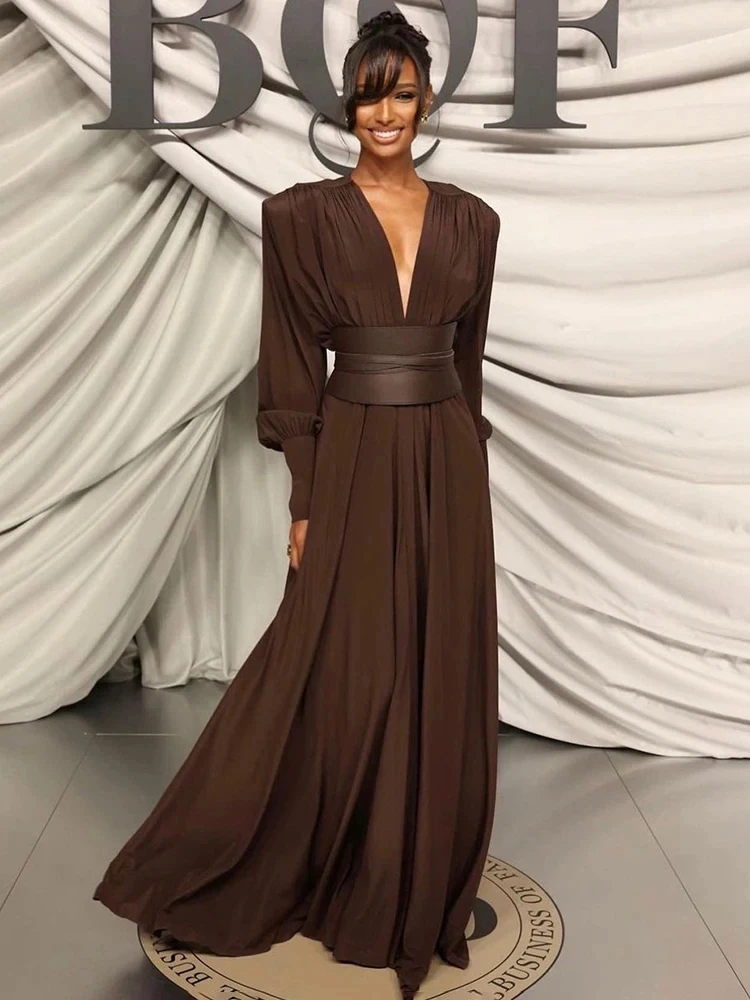 2024 Women Celebrity Sexy Long Sleeve Plunging V Neck Belt Brown Dress Elegant Evening Party Club Dress
2024 Women Celebrity Sexy Long Sleeve Plunging V Neck Belt Brown Dress Elegant Evening Party Club Dress
