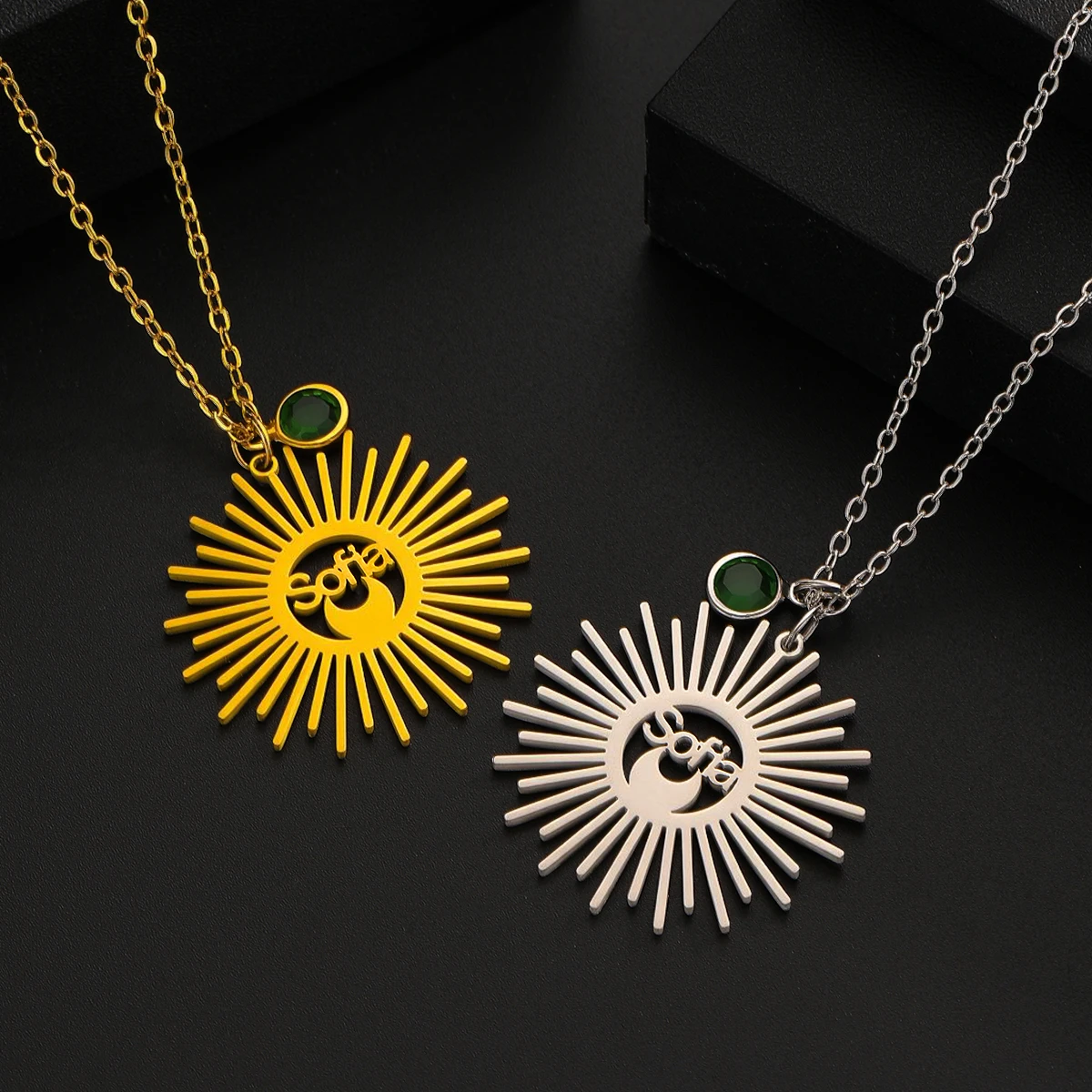 Custom Name Birthstone Necklace Sunburst Moon Pendant Personalized Stainless Steel Jewelry for Women Men Gift
Custom Name Birthstone Necklace Sunburst Moon Pendant Personalized Stainless Steel Jewelry for Women Men Gift